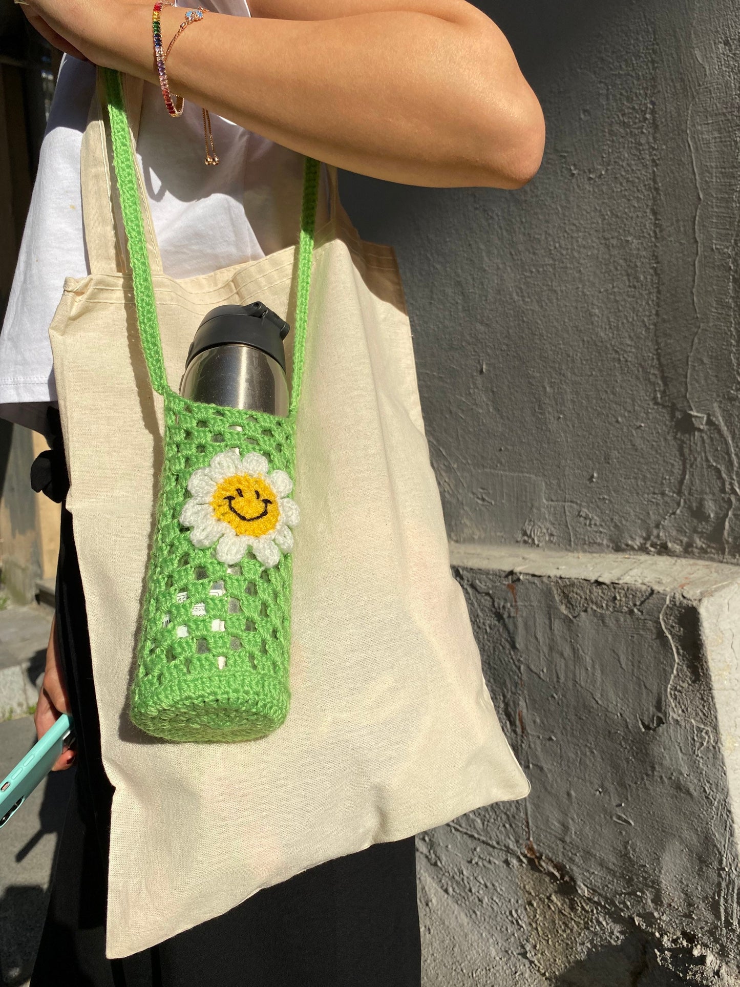 Cute Smiley Flower Bottle holder,Handmade Water Bottle Carrier