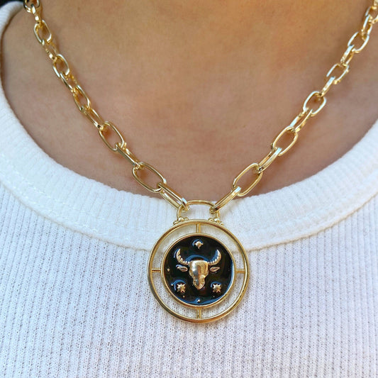 Taurus Bull Zodiac Sign Medallion Gold Coin Necklace