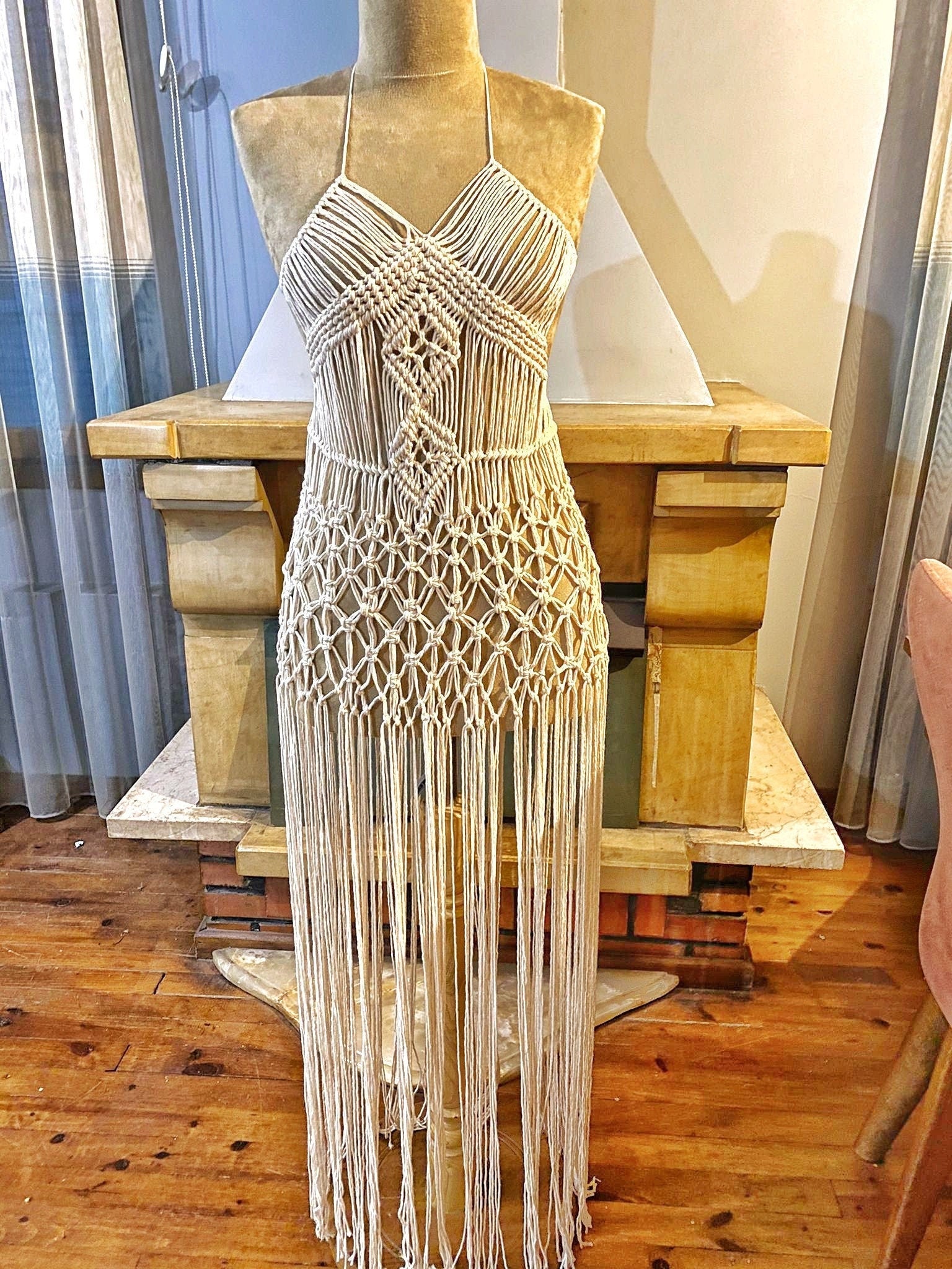 Boho Helenistic Macrame Dress White / XL