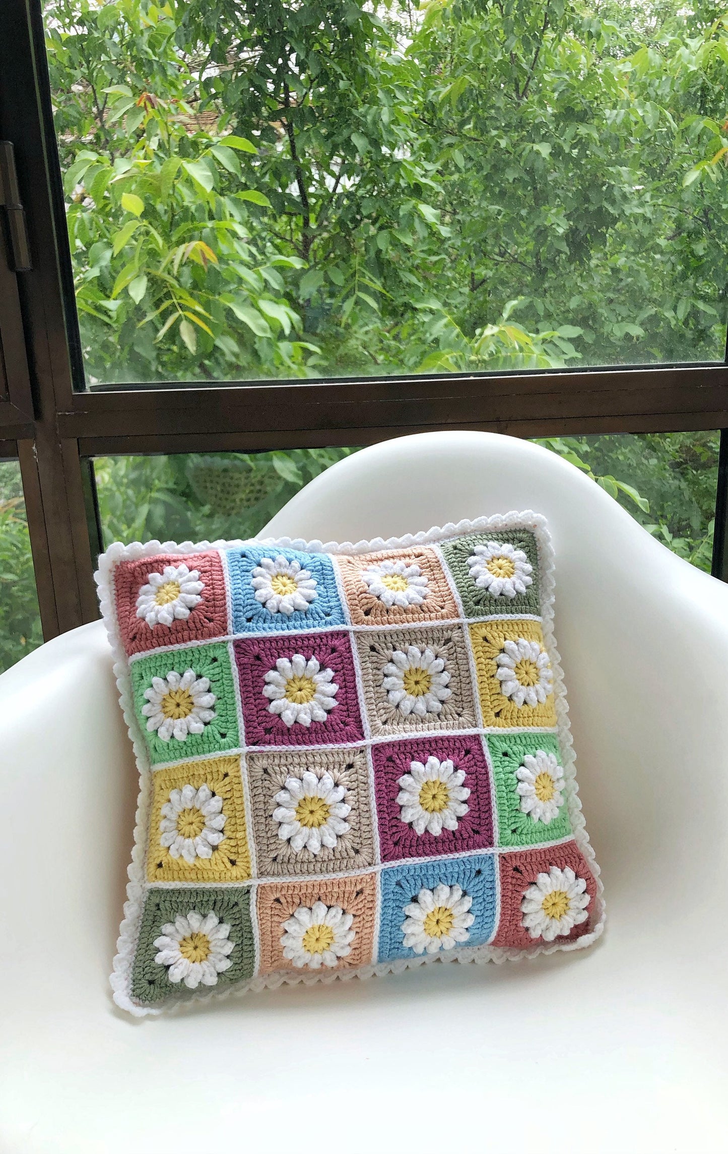Daisy Granny Square Crochet Pillow Cover- Handmade Pillow Case