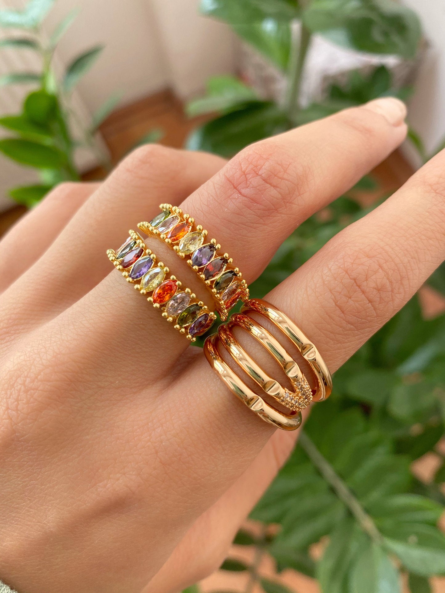 Rainbow Baguette Eternity Ring • Elegant Rose Gold Ring Set