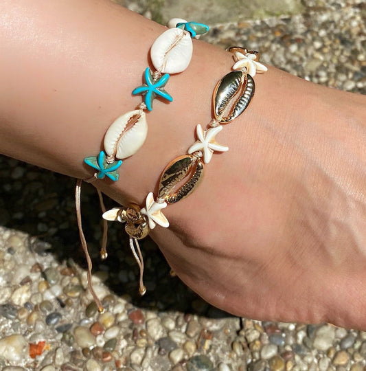 Sea Star Shell Beach Anklet Bracelet • Starfish Tropical Summer Cowrie