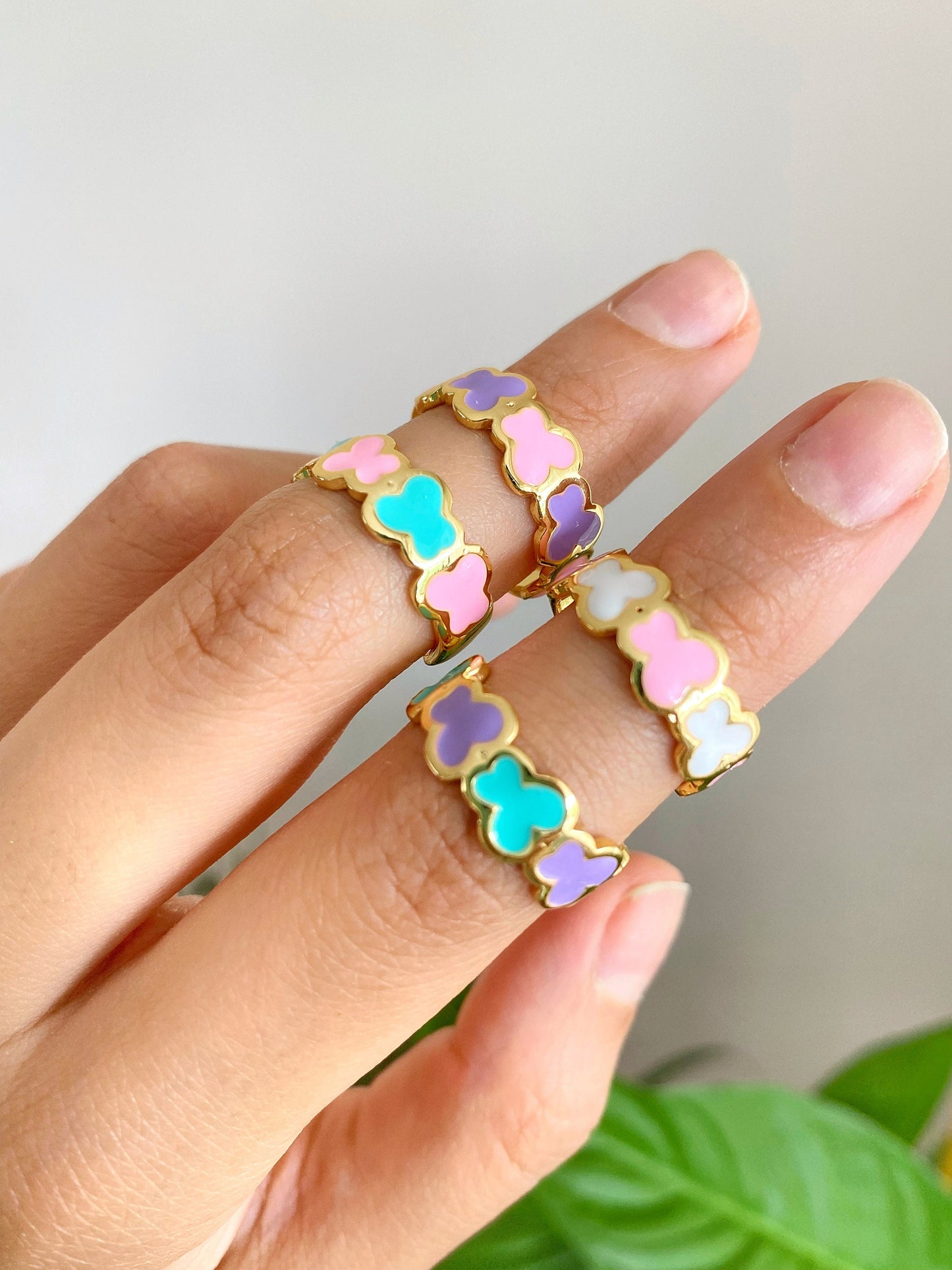 Colorful Enamel Cloud Butterfly Ring • Chain Floral Cute Summer Ring