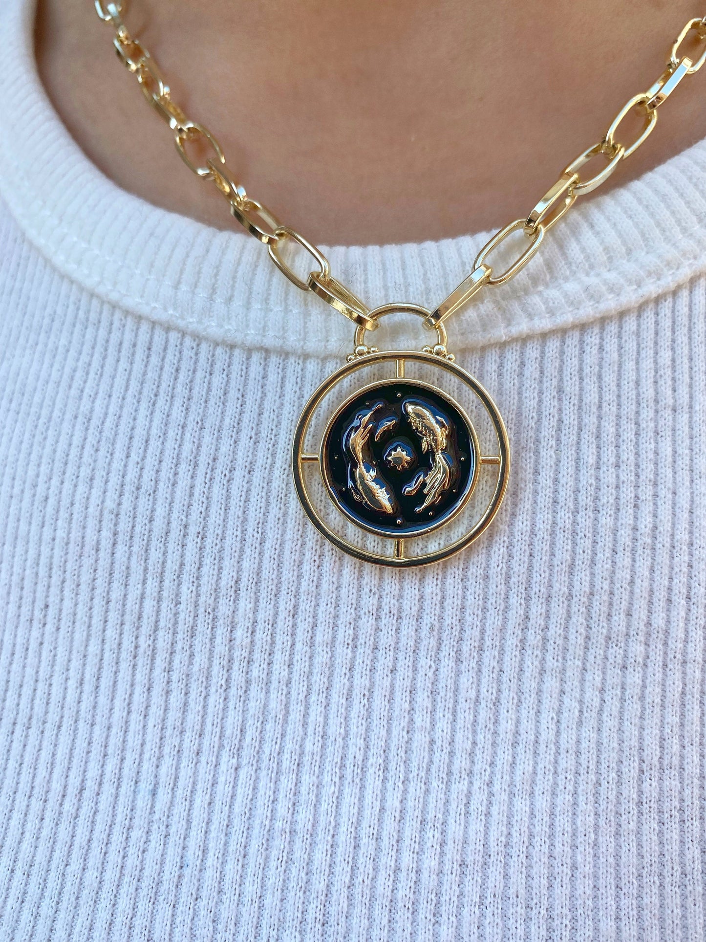 Pisces Fish Zodiac Sign Medallion Gold Coin Necklace