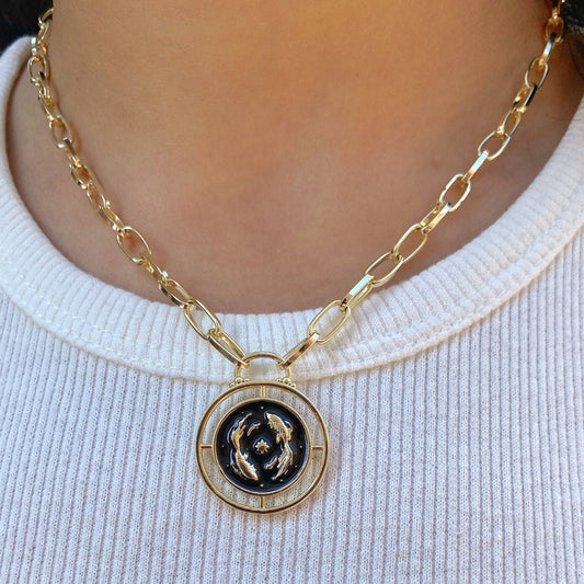 Pisces Fish Zodiac Sign Medallion Gold Coin Necklace