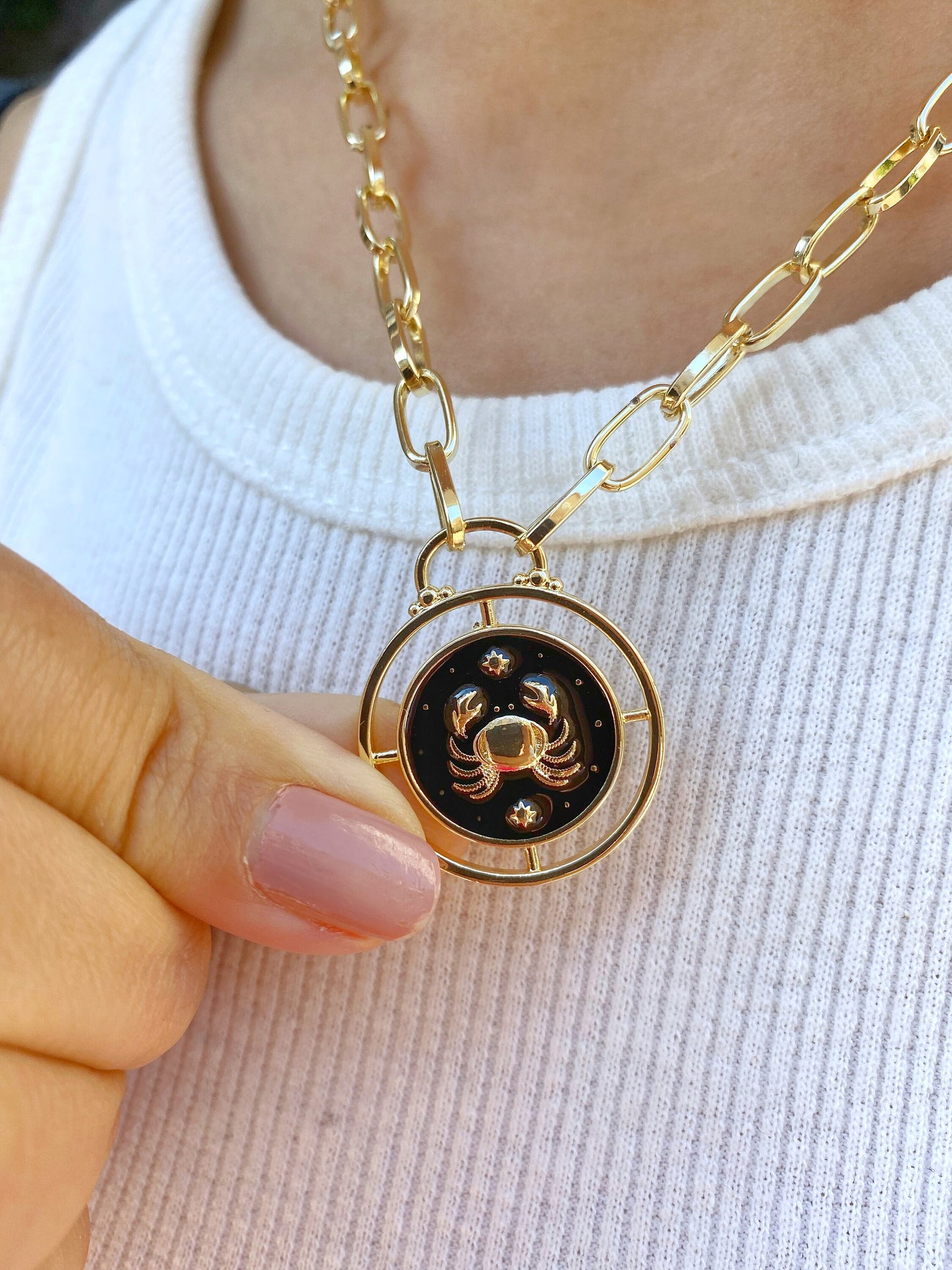 Cancer Zodiac Sign Medallion Coin Necklace • Crab Rising Star Moon