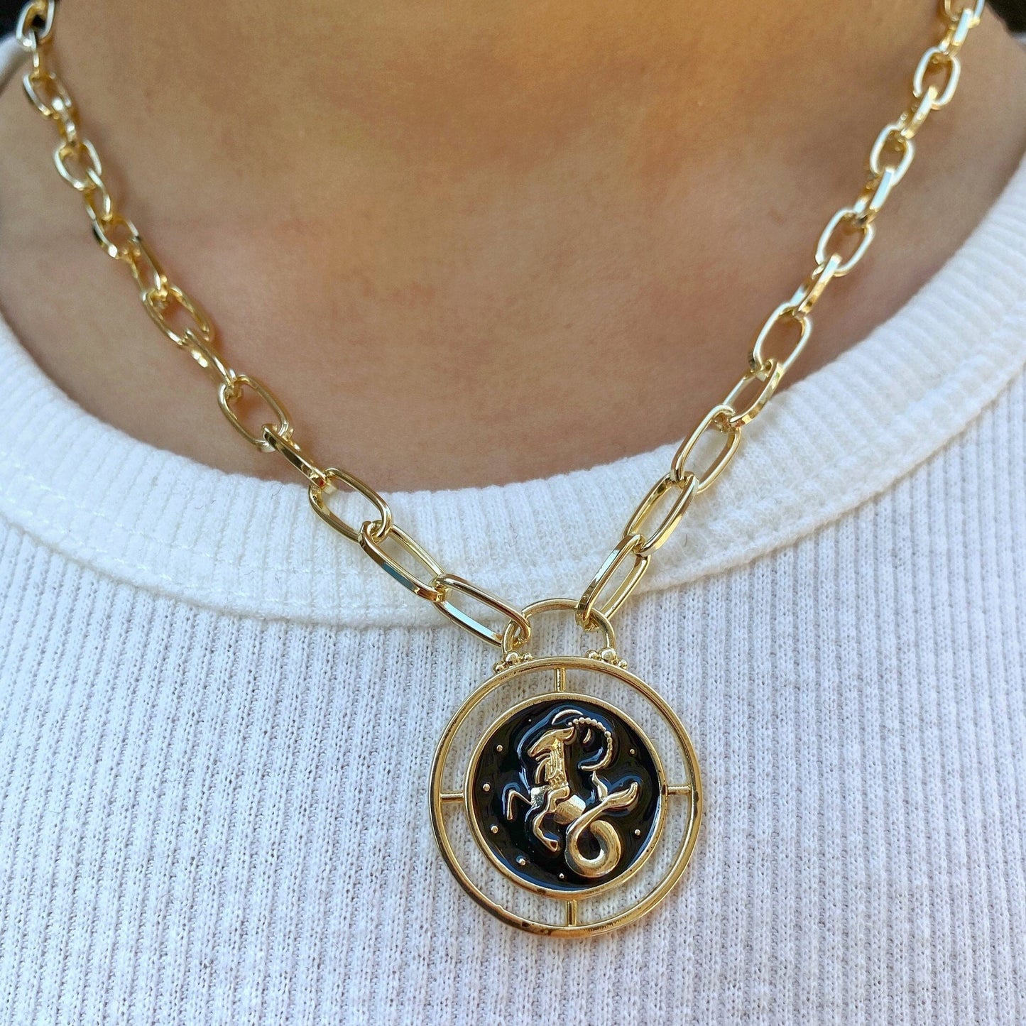 Capricorn Zodiac Sign Medallion Coin Necklace • Rising Star Moon
