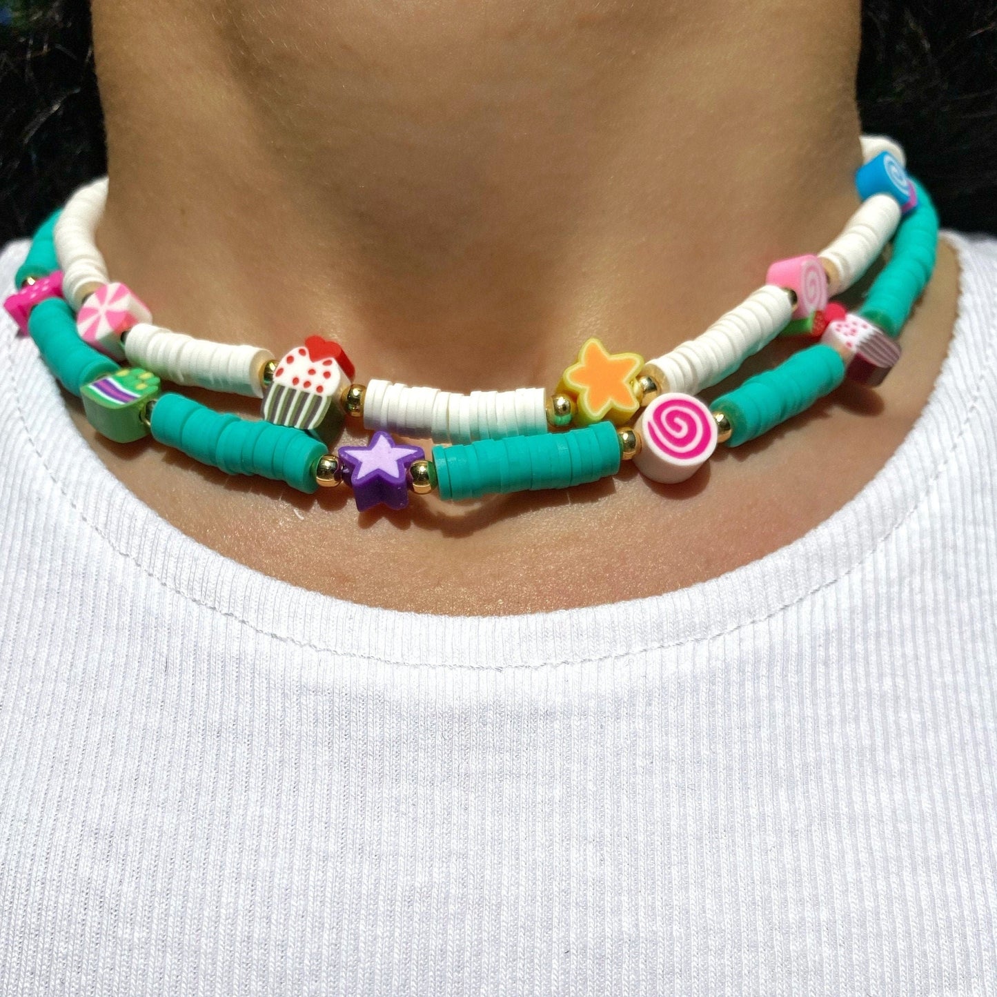 Colorful Cute Beads Beach Clay Necklace • Choker Tropical Heishi