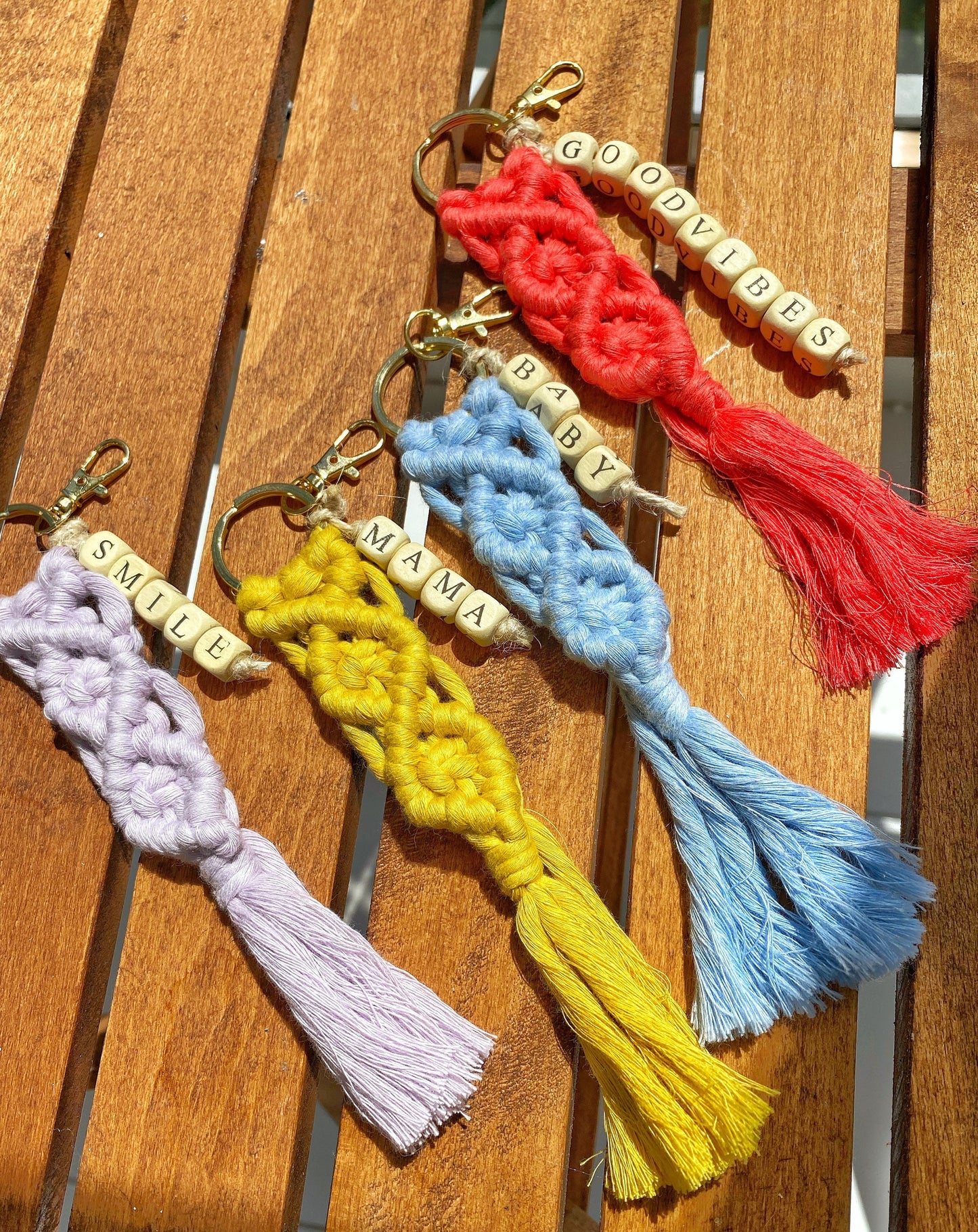 Handmade beaded macrame bag charm / key ring in various colours