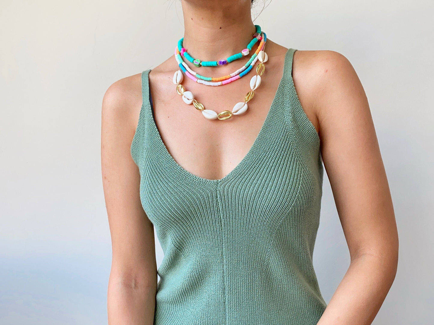 Sea Shell Adjustable Necklace • Clay Bead Heishi Summer Cowrie