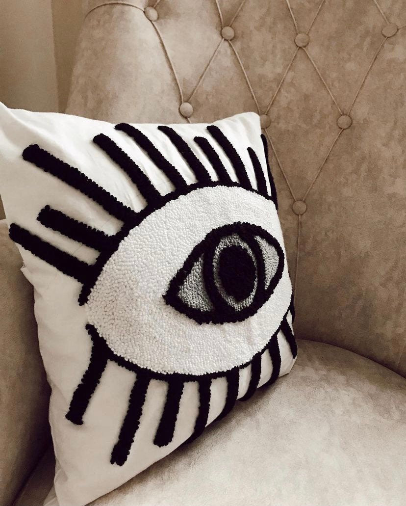 Hand Tufted Punch Needle Evil Eye Pillow Cover
