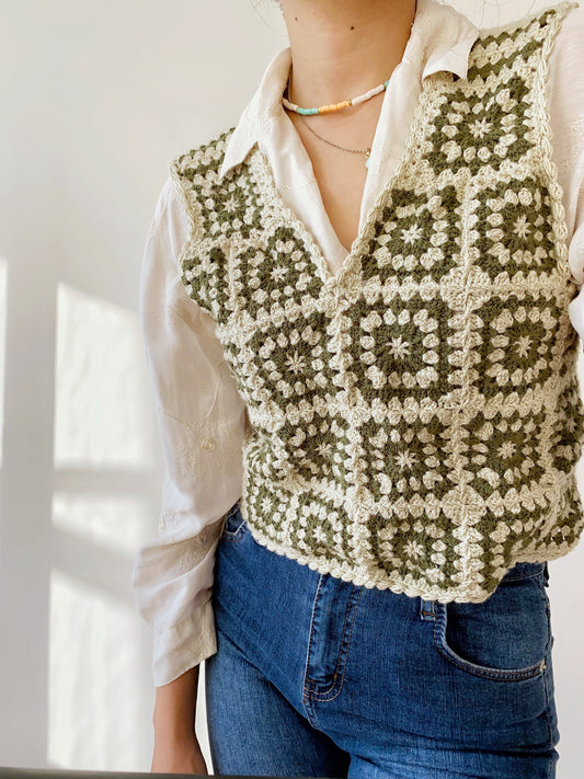 Handknitted Crochet Vest with Retro Granny Squares
