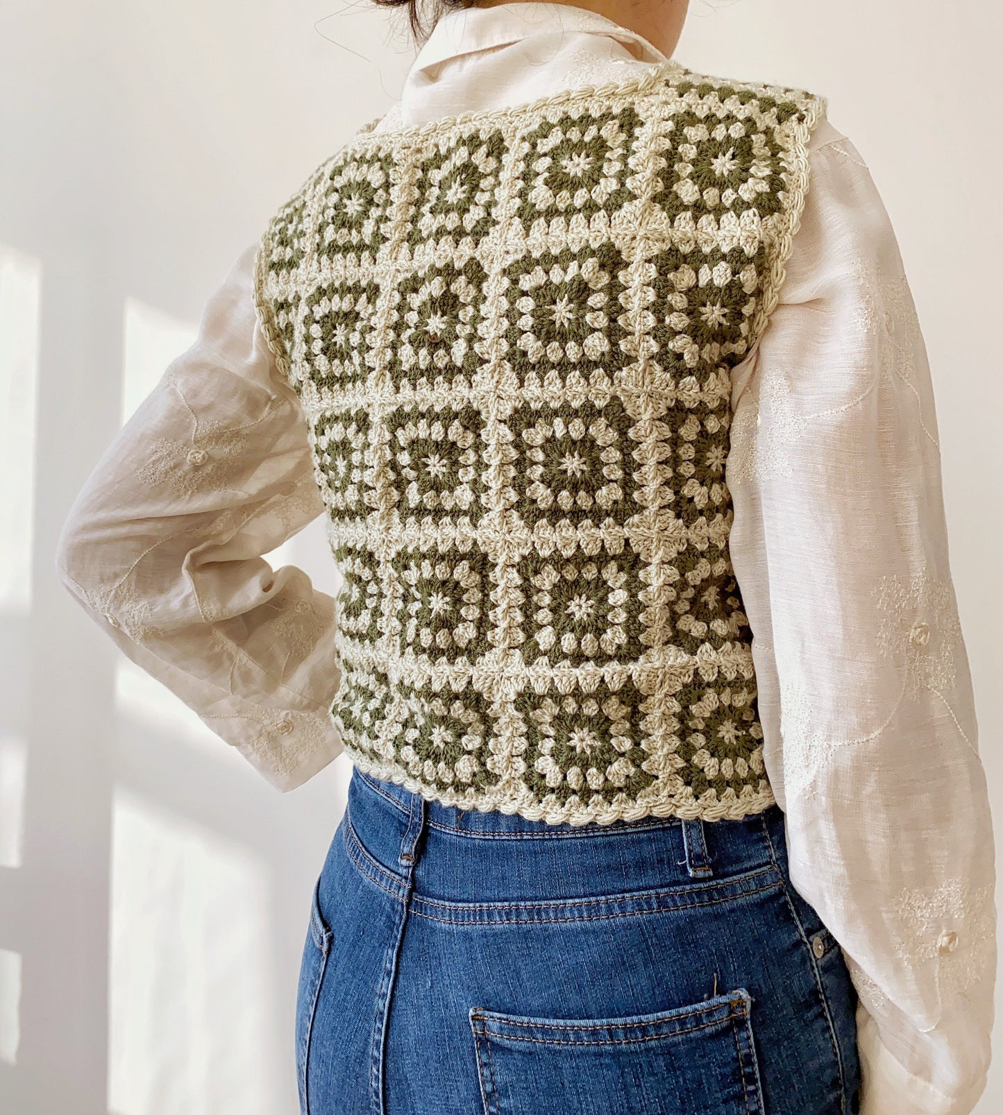 Handknitted Crochet Vest with Retro Granny Squares