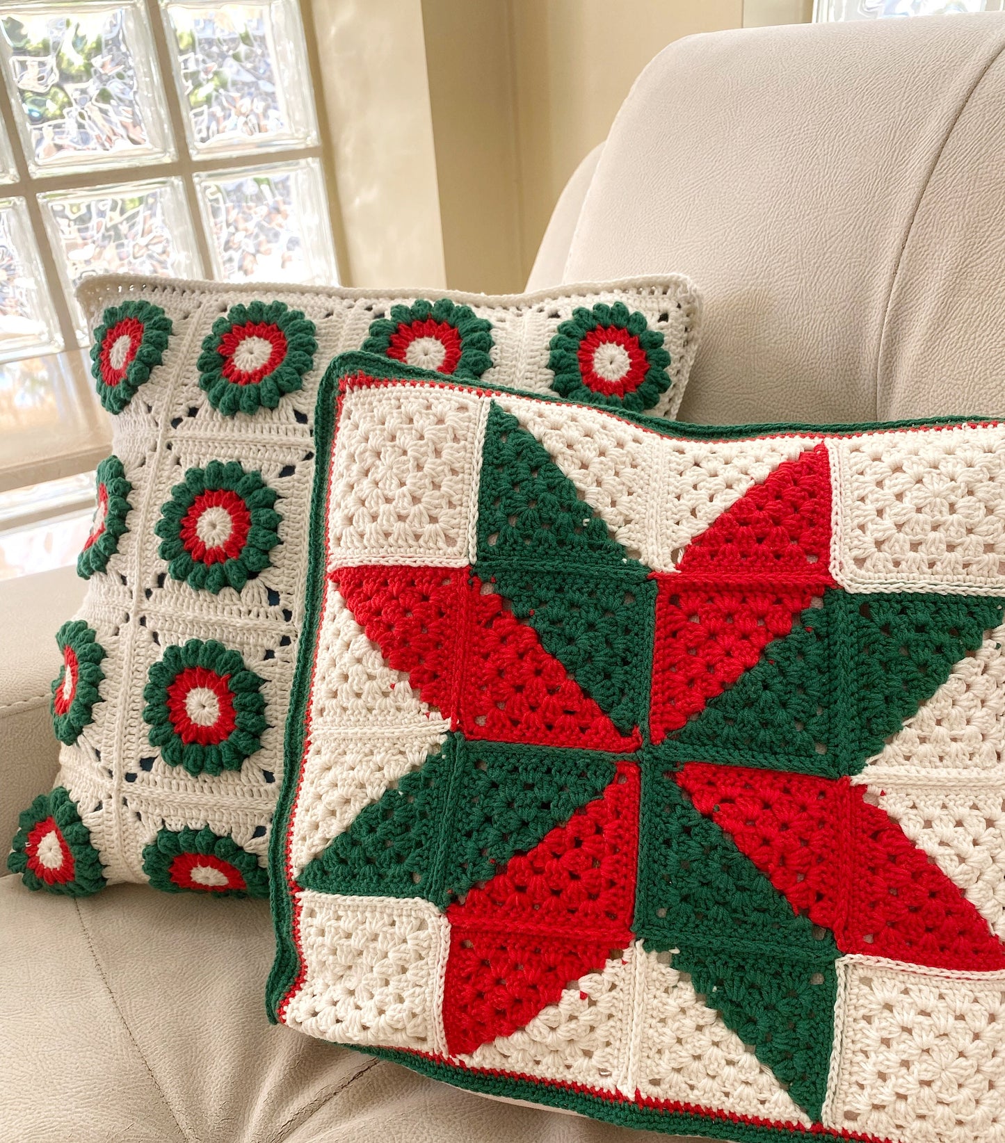 Crochet Christmas Granny Square Crochet Pillow Cover- Handmade Pillow Case