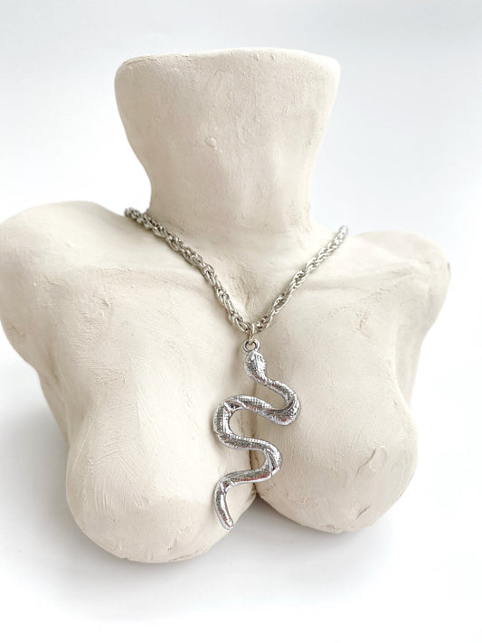 Snake Curb Rope Chain Necklace •  Silver Dangling Twisted Chain