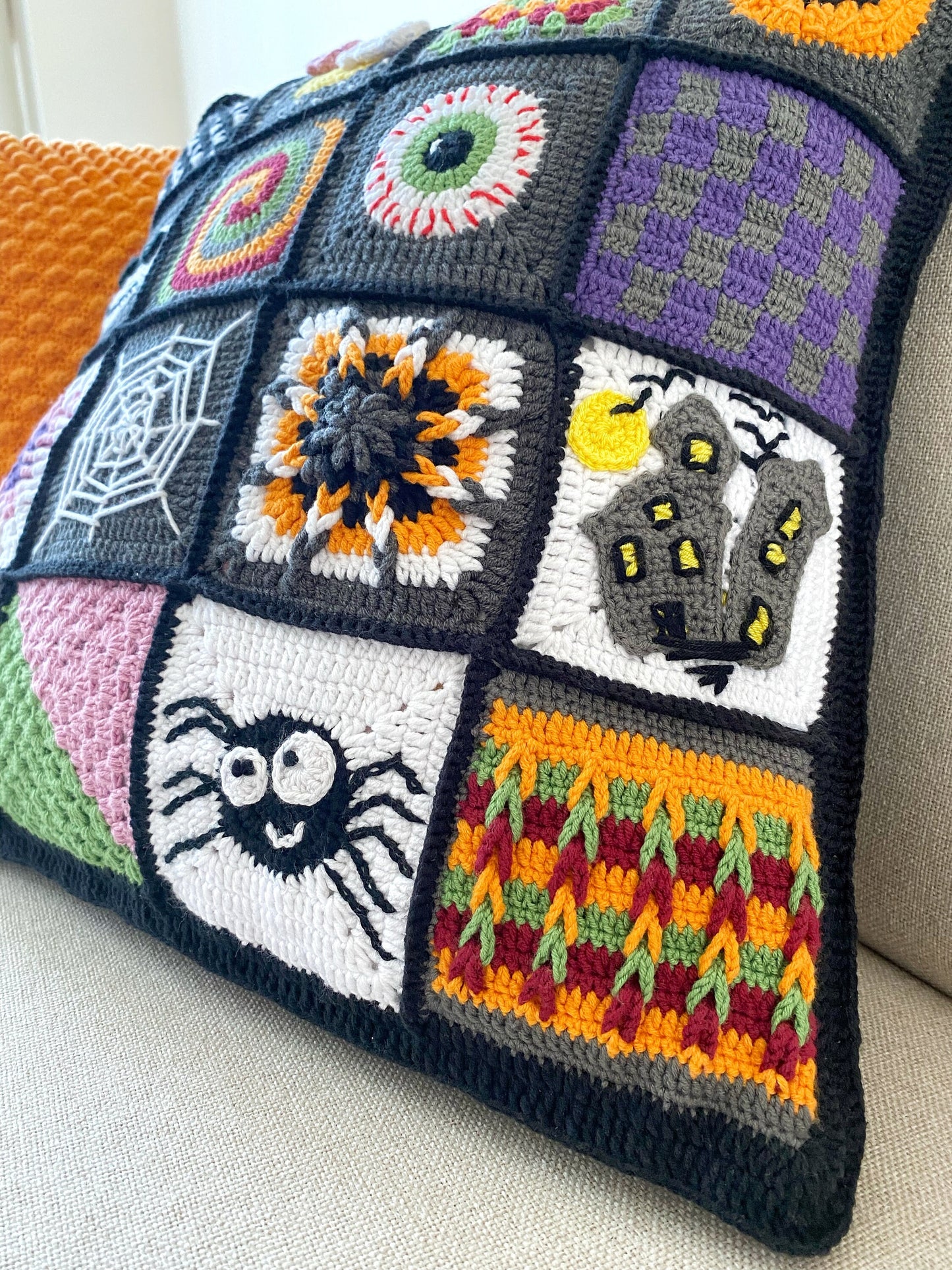 Custom Halloween Patchwork Crochet Throw Pillow Cover Set