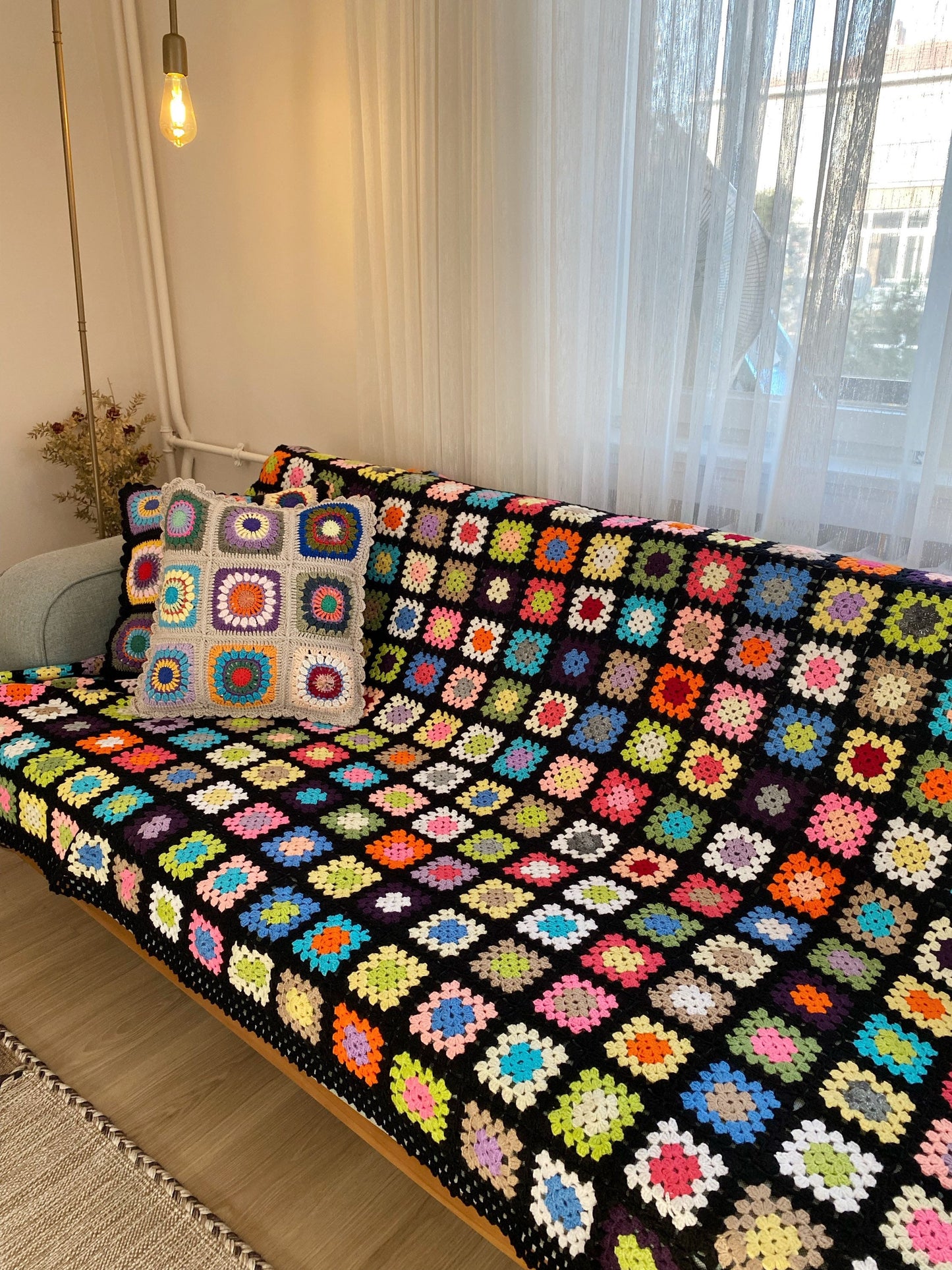 Crochet Granny Square Bedspread,Handmade Vintage Cozy Bed Cover and Cushion Cover Set
