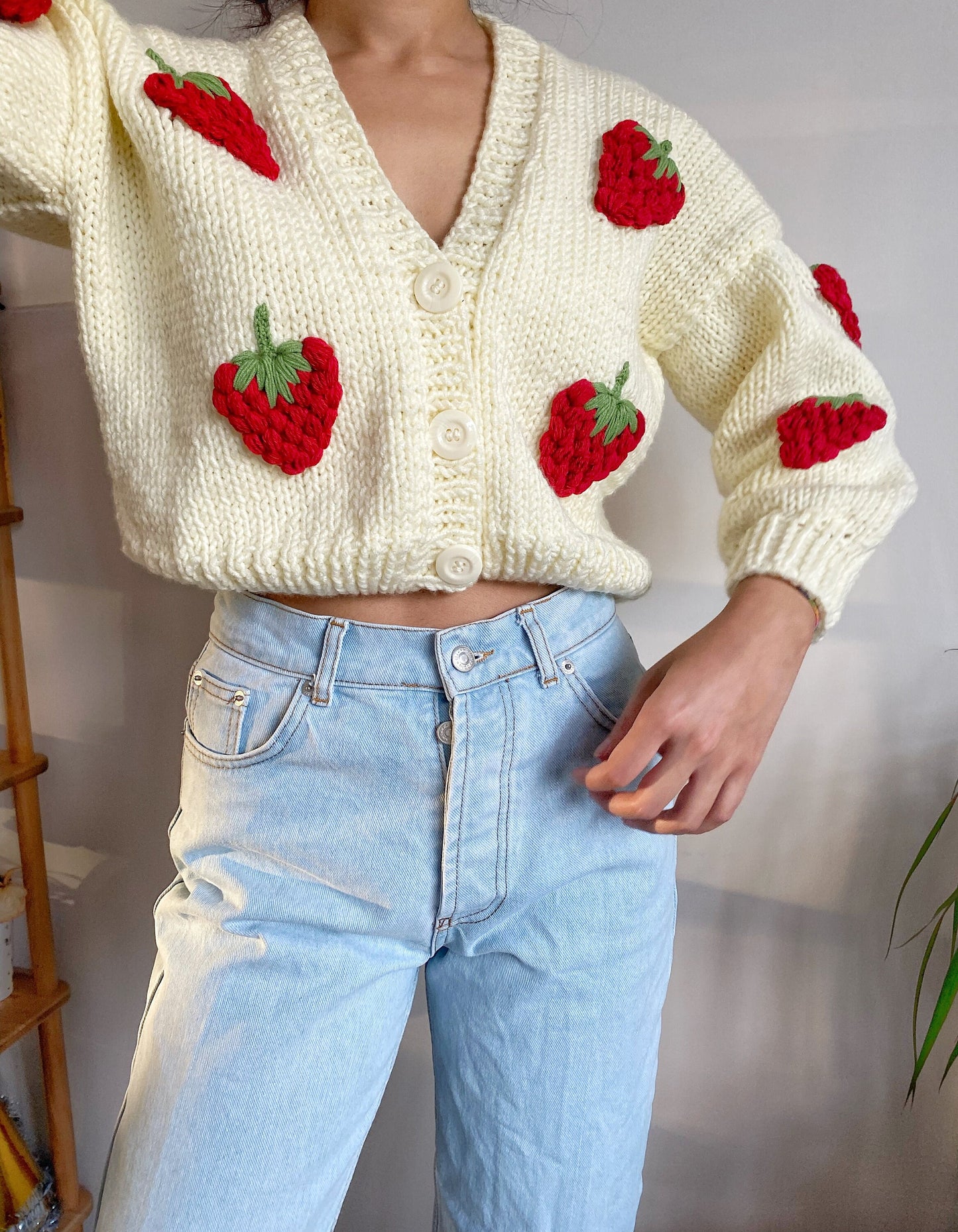 Hand Knit Chunky Strawberry Cardigan