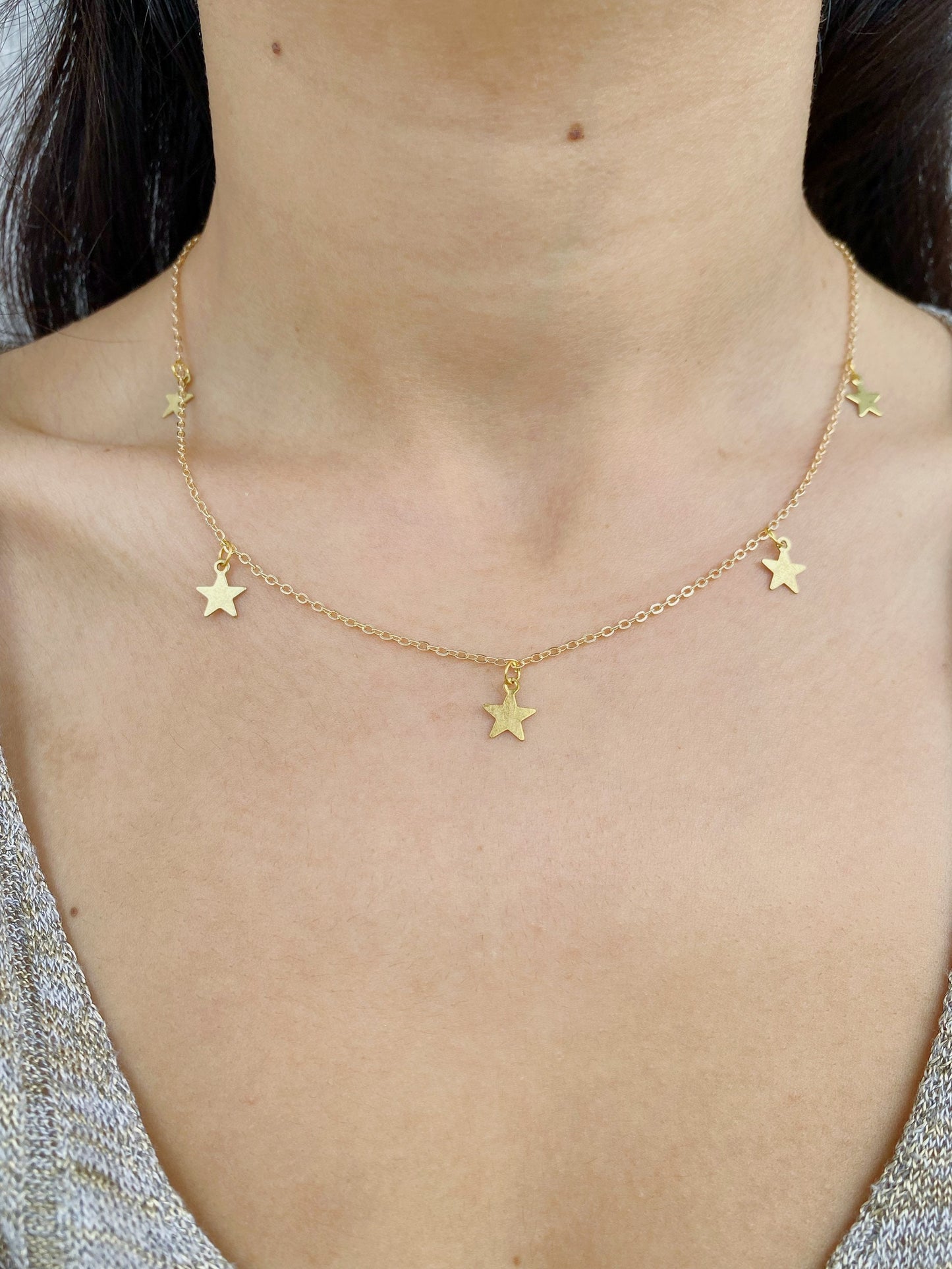 Starm Charm Necklace • Gold Star Charm Strand • Tiny Small Star Layered Choker