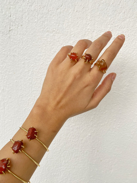 Raw Red Carnelian Gold Ring • Healing Carnelian Cuff • Gold Bracelet Bangle