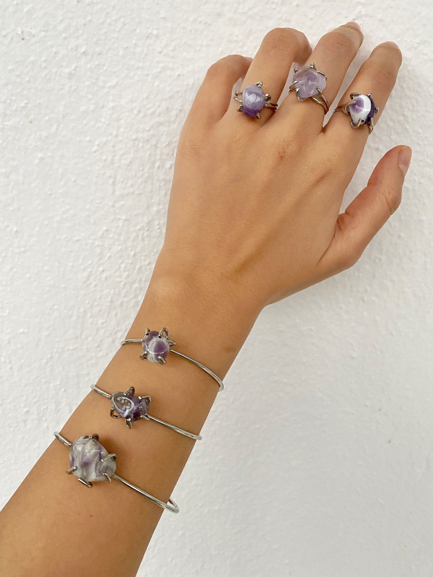 Raw Amethyst Silver Cuff Bracelet • Healing Crystal Amethyst Ring