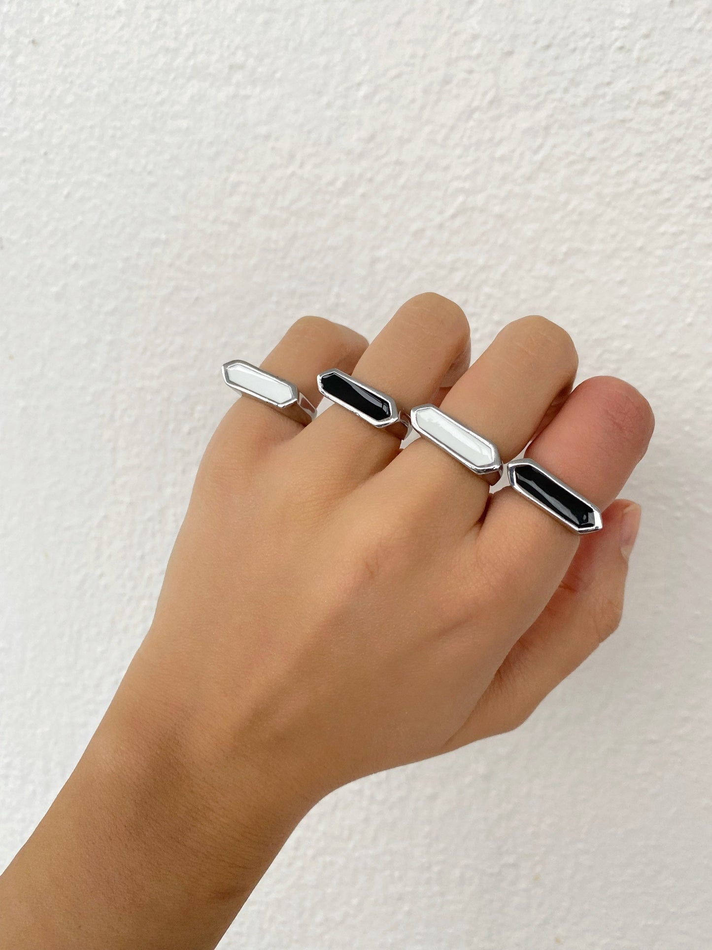 Silver Black White Ring • Rectangular Shiny Signet Ring • Enamel Couple Ring