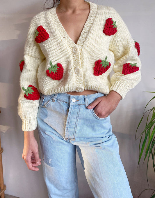 Hand Knit Chunky Strawberry Cardigan