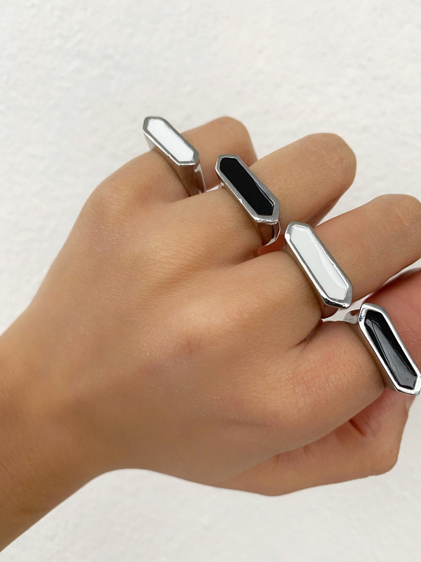 Silver Black White Ring • Rectangular Shiny Signet Ring • Enamel Couple Ring
