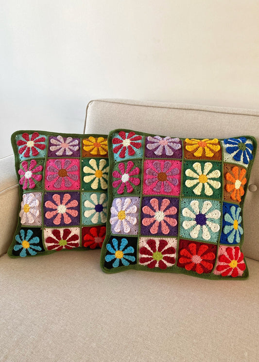 Crochet Flower Patchwork Throw Pillow Cover